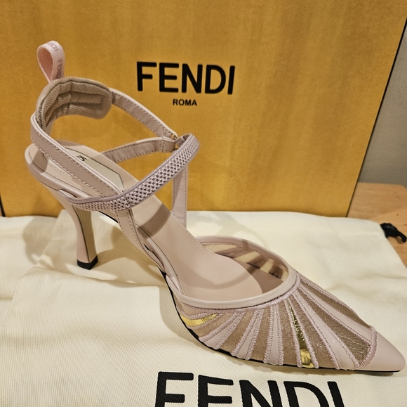 Fendi Leather And Mesh High-heeled Slingbacks In Nude/gold - Picture 6 of 11